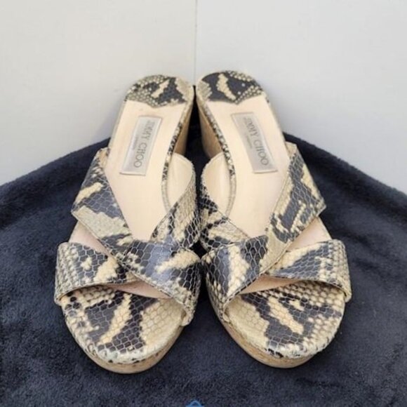 Jimmy Choo PRIMA Snakeskin Cork Wedge Platform Sandals - EU 40.5 / US 10 - Picture 2 of 9